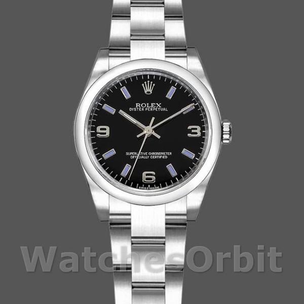 Womens Rolex Oyster Perpetual 31mm Womens-177200-Black Dial-Blue Baton Black Replica Watch Image