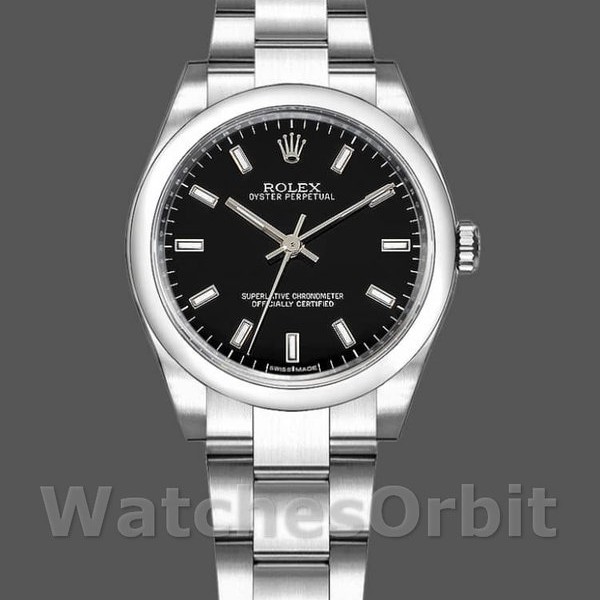 Womens Rolex Oyster Perpetual 31mm Womens-177200-Black Index Dial-Domed Bezel Black Replica Watch Image
