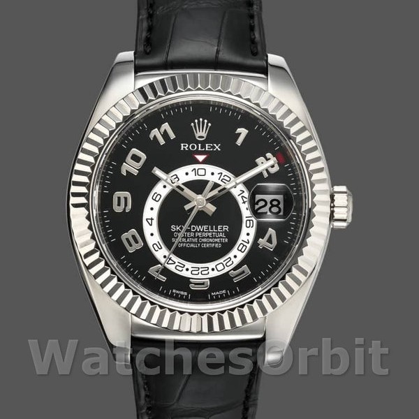 Mens Rolex Sky-Dweller 42mm Mens-326139-Black Dial-Leather Strap Black Replica Image