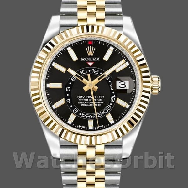 Mens Rolex Sky-Dweller 42mm Mens-326933-Stainless Steel & Yellow Gold-Black Dial Black<br /> Replica Image