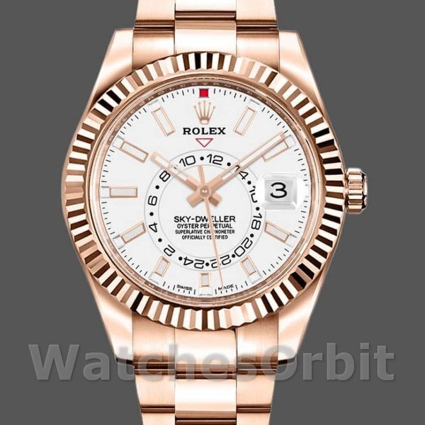 Mens Rolex Sky-Dweller 42mm Mens-326935-Rose Gold-White Dial White Replica Image