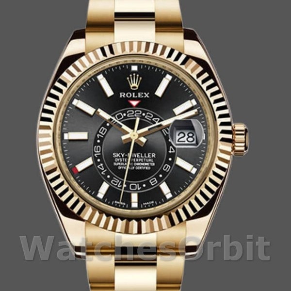 Mens Rolex Sky-Dweller 42mm Mens-326938-Yellow Gold-Black Dial Black Replica Image