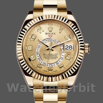 Men's Rolex Sky-Dweller 42mm Men's-326938-Yellow Gold-Champagne Arabic Dial Champagne<br />