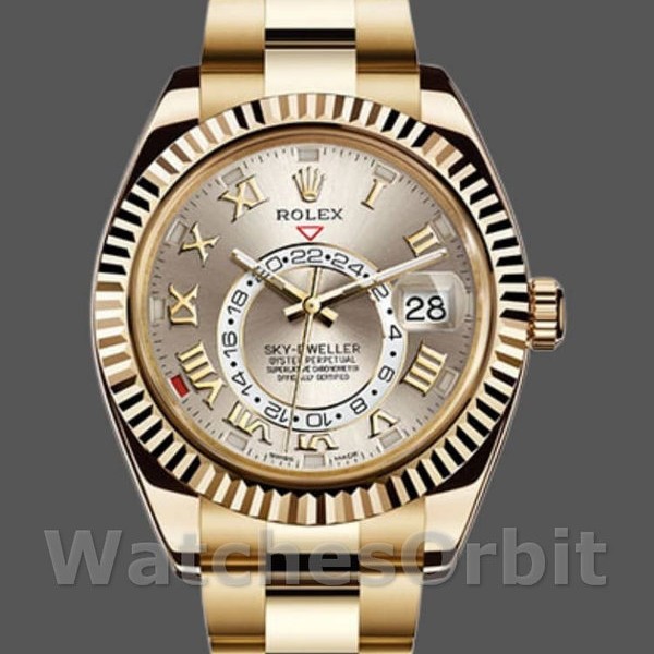 Mens Rolex Sky-Dweller 42mm Mens-326938-Yellow Gold-Silver Dial Silver Replica Image