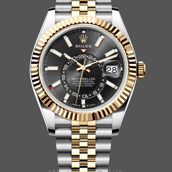 Mens Rolex Sky Dweller 42mm Yellow Gold Oyster M336933 0004 Mens Black Dial Replica Watch Image