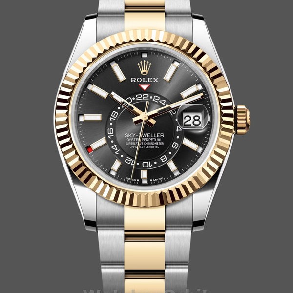 Mens Rolex Sky Dweller 42mm Yellow Rolesor Black Dial Oyster M336933 0003 Mens Black Dial Replica Watch Image