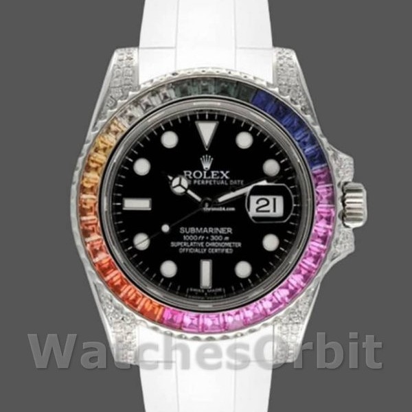 Mens Rolex Submariner 40mm Mens-116610-Black Dial-White Rubber Strap Black Replica Image