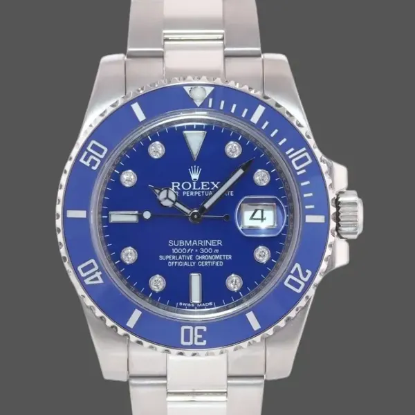 Mens Rolex Submariner 40mm Mens-16610-Stainless Steel-Blue Bezel-Diamond Dial Blue Replica Image