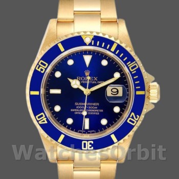 Men's Rolex Submariner 40mm Men's-16618-Yellow Gold-Blue Dial Blue