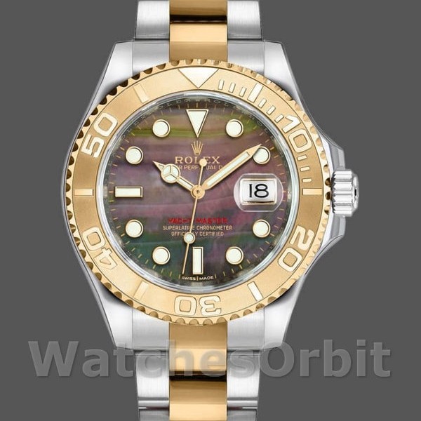 Unisexs Rolex Yacht-Master 35mm Unisex-168623-Steel & Yellow Gold-Black MOP Dial Black Replica Watch Image